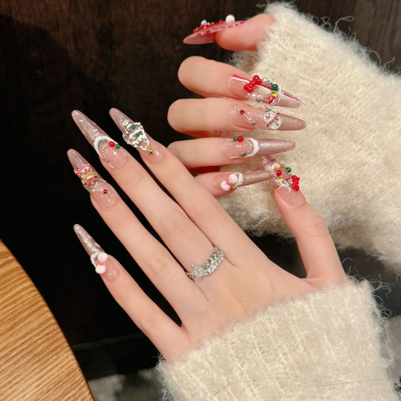 "Opulent stiletto long press-on nails with 3D ribbon bows, red & green gems, pearls & gold - perfect for luxury Christmas jewels & festive glamour"
