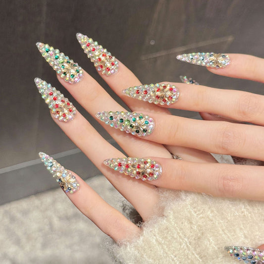 Opulent stiletto press-on nails featuring full rhinestone coverage, colorful flower charms - Salon glamour at home - Complete set of 10