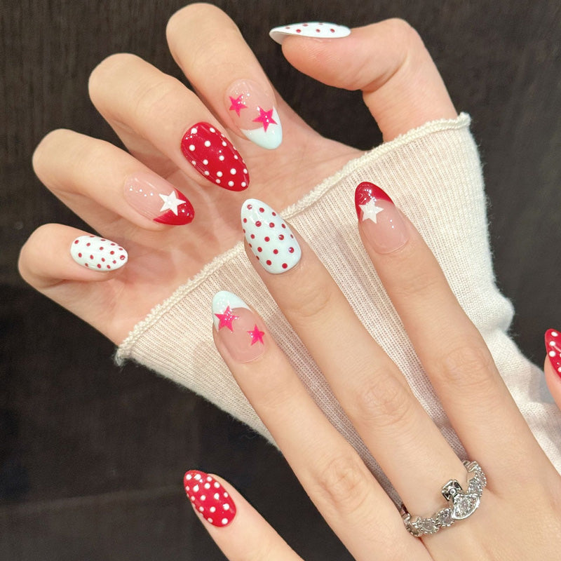 Patriotic almond false nails featuring dimensional stars, retro polka patterns & French tips - cheerful 10-piece celebration set