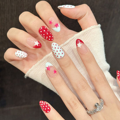Patriotic almond false nails featuring dimensional stars, retro polka patterns & French tips - cheerful 10-piece celebration set