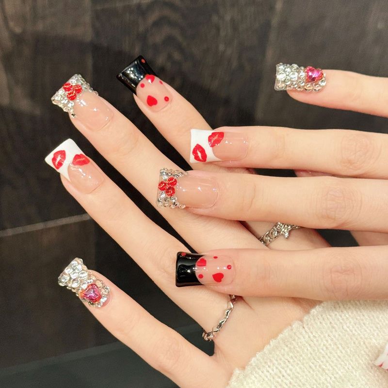 Playful duck press-on nails featuring oversized lips charm, rhinestone hearts & stripes - Salon fun at home - Complete set of 10