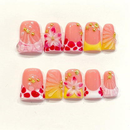 Playful handmade duck nails with coral pink, 3D flowers, fruit polka dots & seashells - Summer vibes, reusable - Applies in 15 minutes
