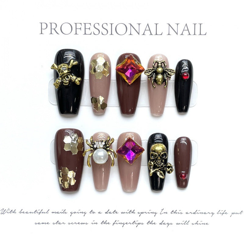 Premium Halloween luxury gothic coffin long press-on nails with authentic 3D metal charms, genuine crystals, and opulent design elements