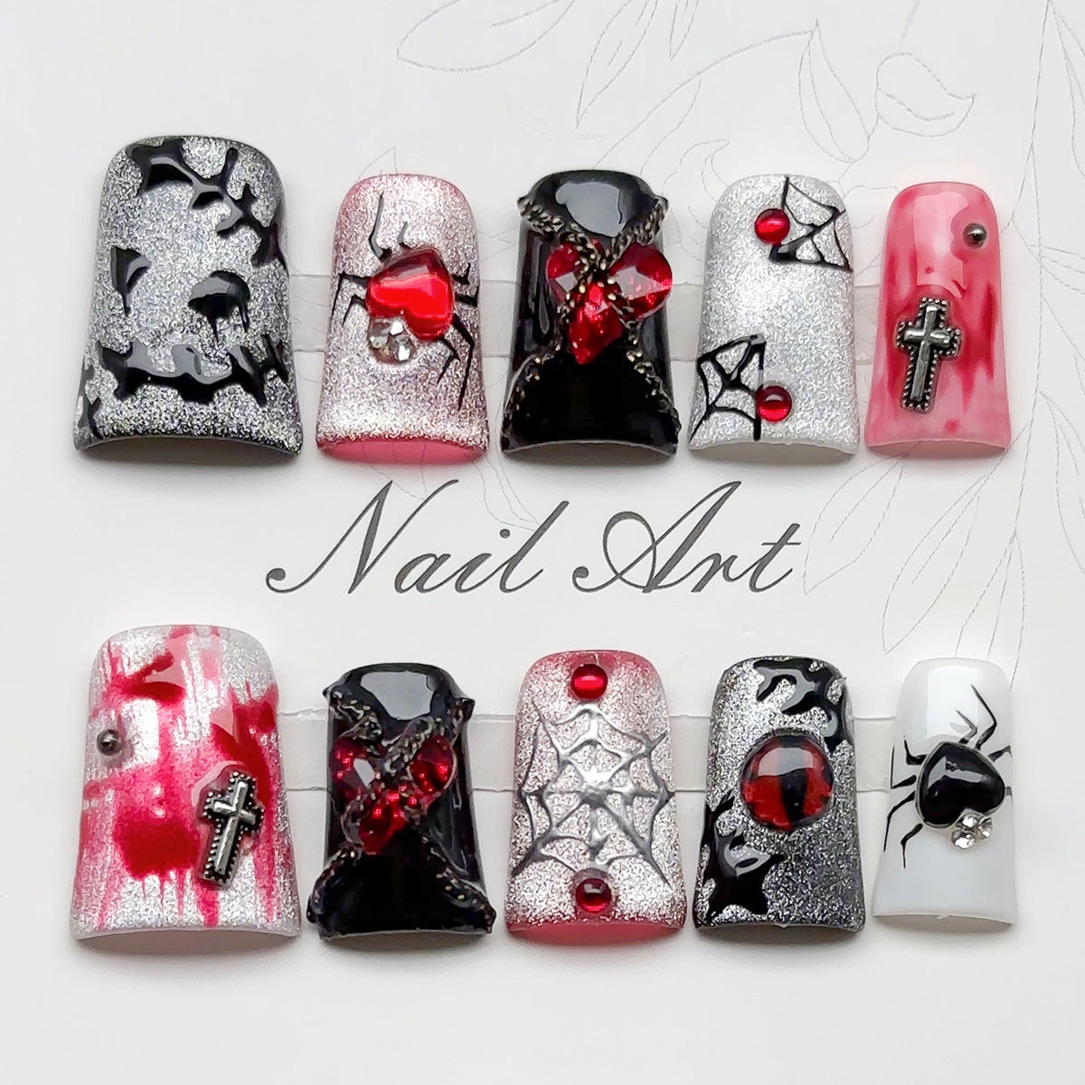 Premium Halloween luxury gothic duck press-on nails with 3D crystals, metal crosses, spider motifs for ultimate elegance and sophistication