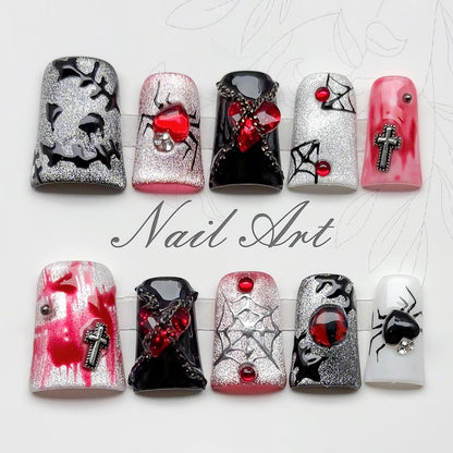 Premium Halloween luxury gothic duck press-on nails with 3D crystals, metal crosses, spider motifs for ultimate elegance and sophistication