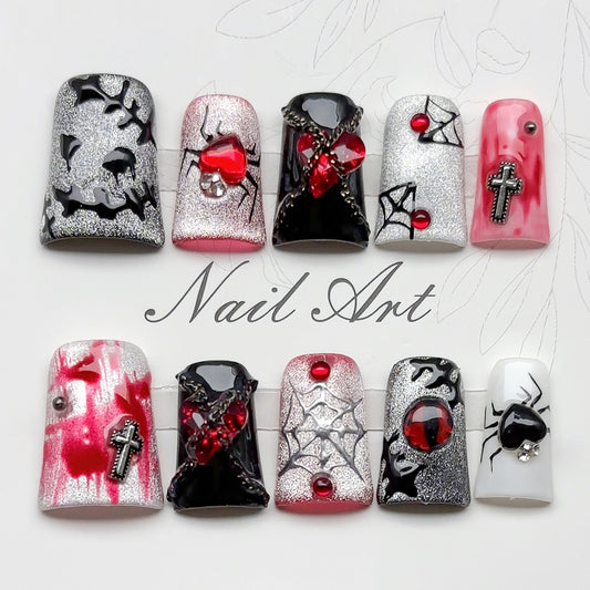 Premium Halloween luxury gothic duck press-on nails with 3D crystals, metal crosses, spider motifs for ultimate elegance and sophistication