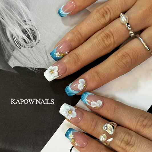 Premium Pink Blue Floral Ballerina Short Nails - Romantic 3D White Flowers with Gradient Effects for Sophisticated Feminine Style