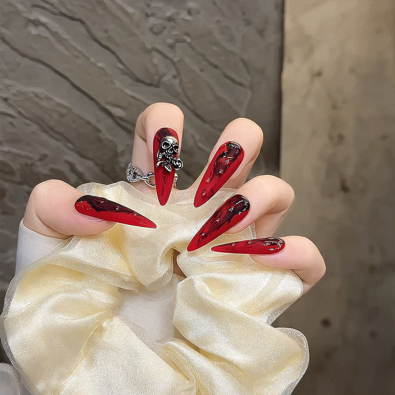 Premium Red Skull Stiletto Nails Set - Gothic Style, Extended Length, Durable Construction, Easy Application
