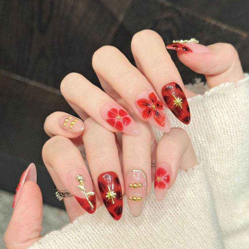 Premium Valentine almond nails with 3D translucent flowers, gold rose stems & beads - Damage-free, reusable luxury - Love-inspired beauty