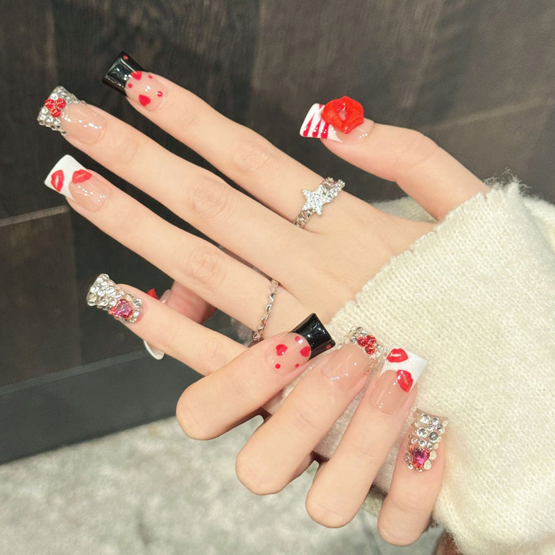 Premium Valentine duck nails with 3D lips, hearts & crystal accents - Damage-free, reusable luxury - Bold statement beauty