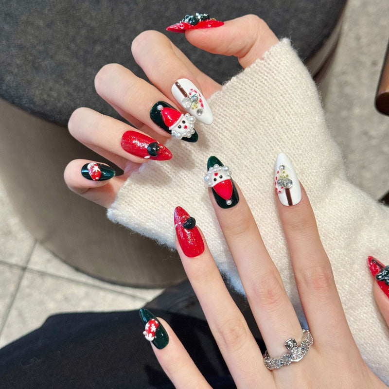 Premium almond nails for Christmas joy - 3D Santa character, green Christmas tree, sparkling red glitter, perfect for holiday parties & celebrations