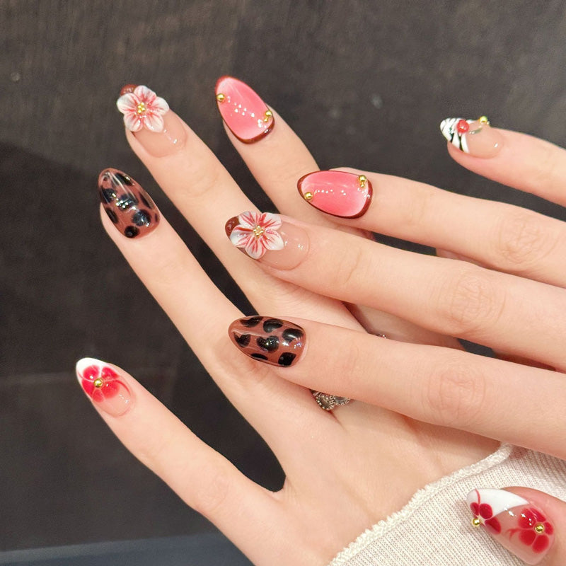 Premium almond nails for bold style - 3D pink flower, trendy leopard, chic zebra, adorable cherry, vibrant pink, perfect for playful celebrations