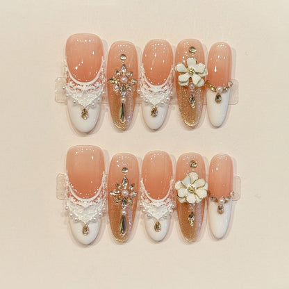 Premium almond nails for bridal elegance - 3D white flower, luxurious pearl lace, sparkling gold glitter, French tips, perfect for wedding celebrations