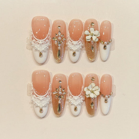 Premium almond nails for bridal elegance - 3D white flower, luxurious pearl lace, sparkling gold glitter, French tips, perfect for wedding celebrations