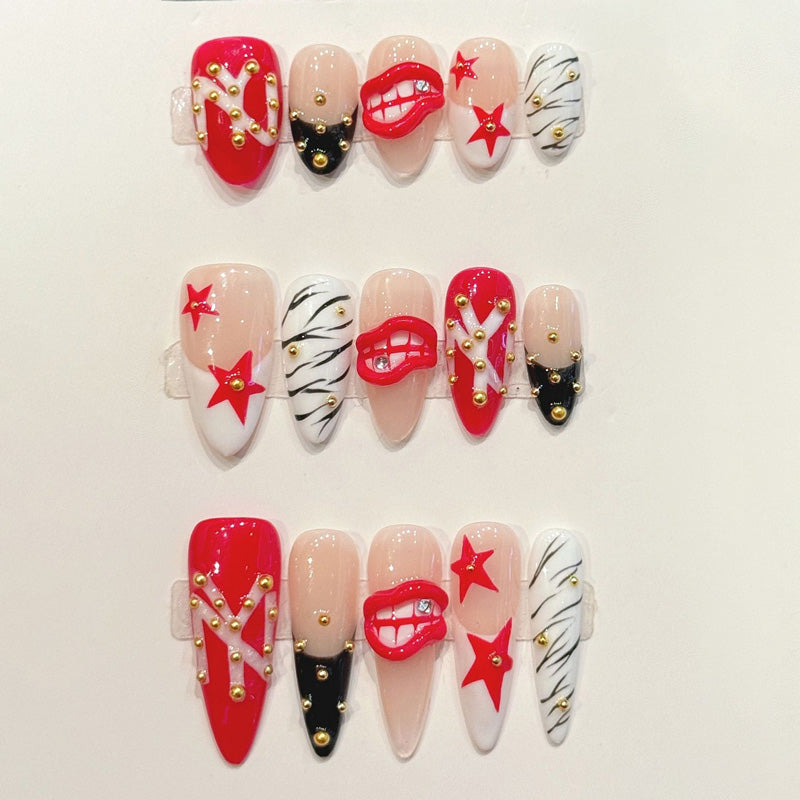 Premium almond nails for edgy glamour - vibrant red lips, red stars, chic zebra stripes, luxurious gold beads, candy cane accents, perfect for bold celebrations