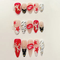 Almond Nails Red Lips Star Zebra Gold Bead Edgy Glam