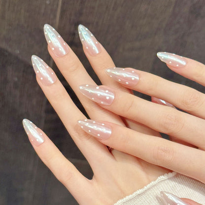 Premium almond nails for elegant charm - iridescent pearl shimmer, white polka dots, sparkling crystals, soft gradient, perfect for sophisticated celebrations
