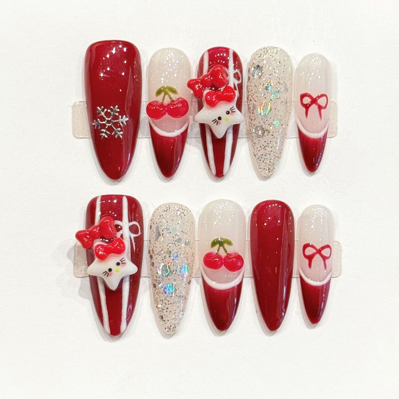 Premium almond nails for festive charm - 3D red cherries, ribbon bows, sparkling silver glitter, festive stripes, perfect for holiday celebrations