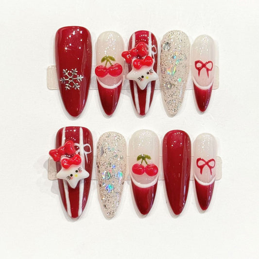 Premium almond nails for festive charm - 3D red cherries, ribbon bows, sparkling silver glitter, festive stripes, perfect for holiday celebrations