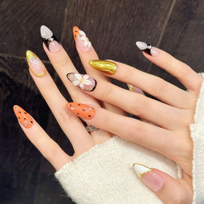 Premium almond nails for glamorous elegance - 3D plumeria flower, gold chrome mirror, orange leopard print, sparkling crystals, perfect for luxury celebrations