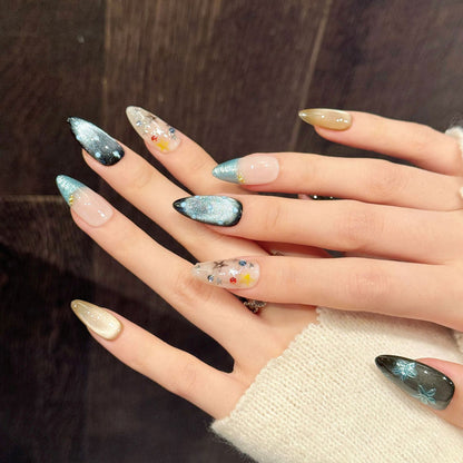 Premium almond nails for ocean elegance - holographic blue butterfly, multicolor stars, ocean shimmer gradient, blue crystals, perfect for beach celebrations