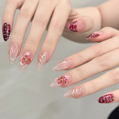 Premium almond nails for romantic charm - burgundy floral pattern, luxurious gold accents, elegant gradient, perfect for autumn celebrations