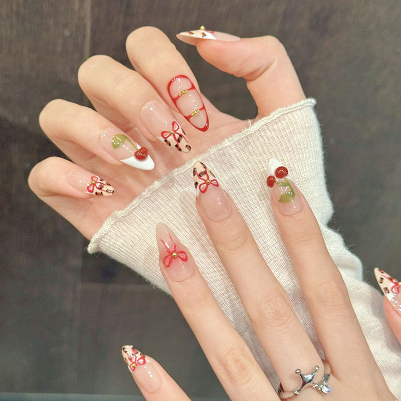 Premium almond nails for sweet charm - 3D red-green cherries, ribbon bows, brown leopard spots, luxurious gold beads, perfect for kawaii celebrations