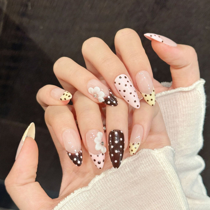 Premium almond nails for sweet elegance - brown & white polka dots, crystal bow, soft pink-brown gradient, jelly base, perfect for romantic celebrations