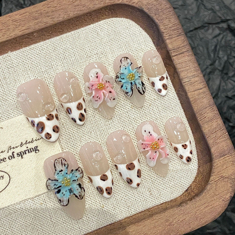 Premium almond press-on nails for spring celebrations - whimsical floral & cow print design, comfortable fit, salon-quality results