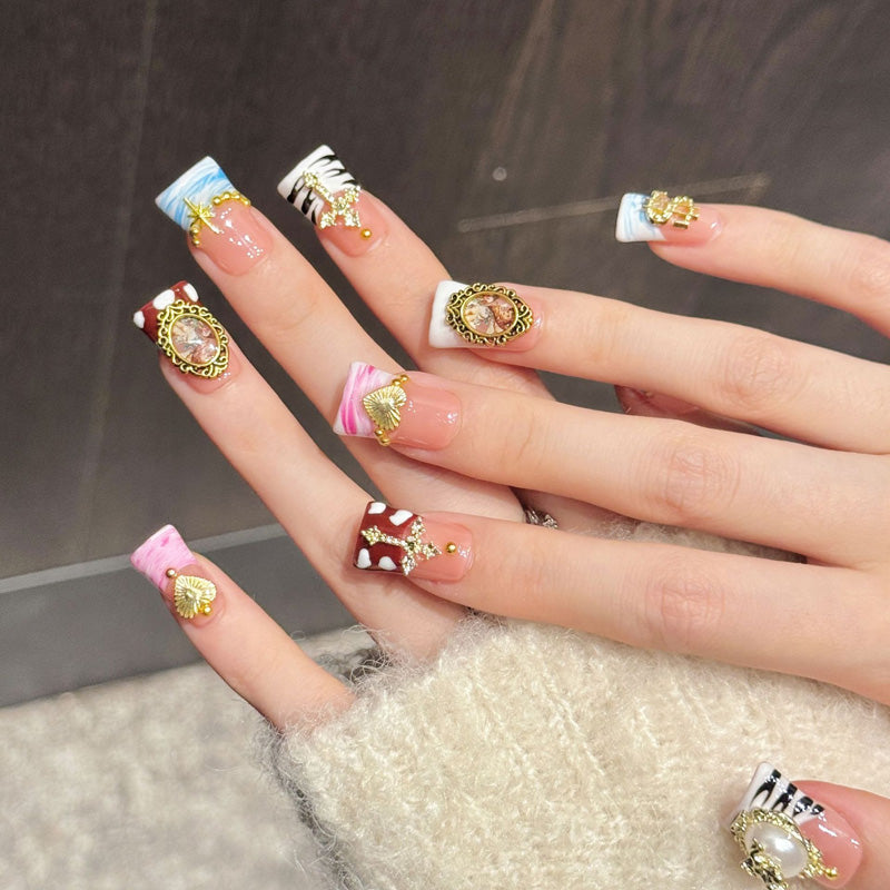 Premium baroque duck nails with antique cameos, gold crosses, seashells & marble - Damage-free, reusable luxury - Victorian