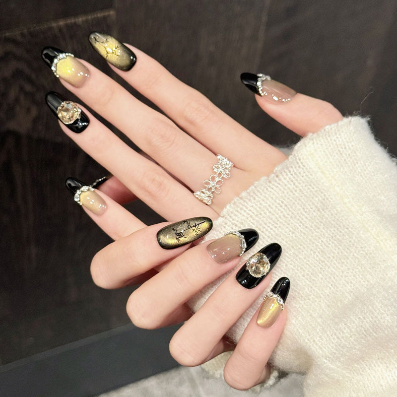 Premium black & gold coffin nails with celestial moon, botanical art & crystals - Reusable, damage-free luxury - Dramatic beauty