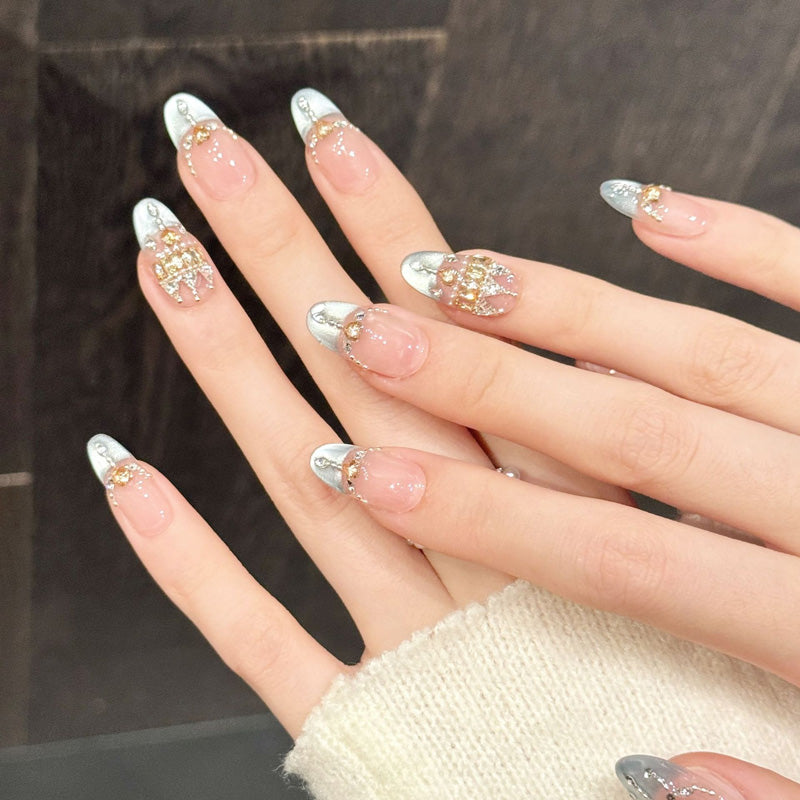 Premium blush & aqua coffin nails with 3D crown centerpiece & crystal dangles - Damage-free, reusable luxury - Princess beauty