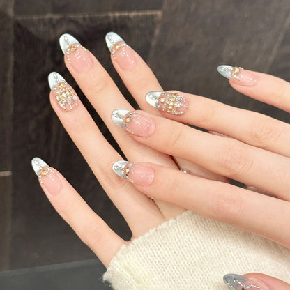 Premium blush & aqua coffin nails with 3D crown centerpiece & crystal dangles - Damage-free, reusable luxury - Princess beauty