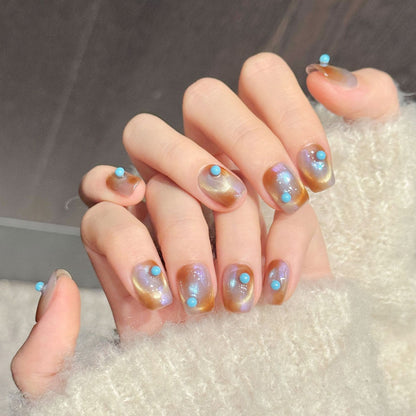 Premium boho squoval nails with amber-lavender jelly, turquoise gems & celestial dots - Damage-free, reusable luxury - Festival-ready vibes