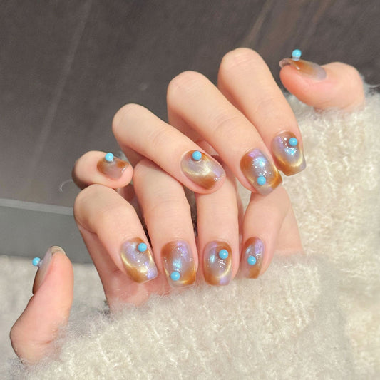 Premium boho squoval nails with amber-lavender jelly, turquoise gems & celestial dots - Damage-free, reusable luxury - Festival-ready vibes