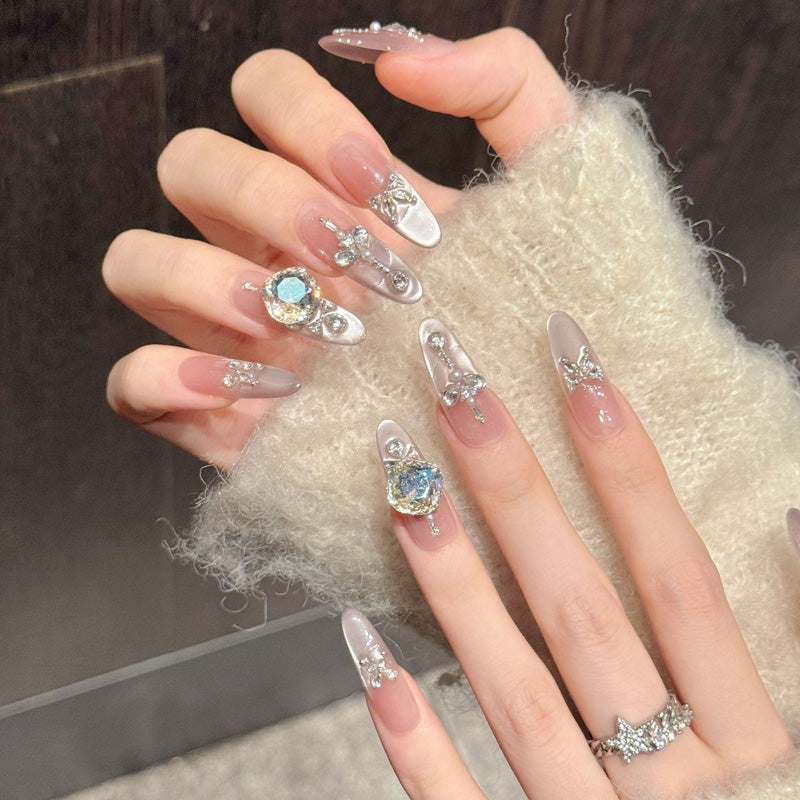 Premium bridal oval nails with aqua gem centerpiece, silver charms & chandelier dangles - Damage-free, reusable luxury - Something blue