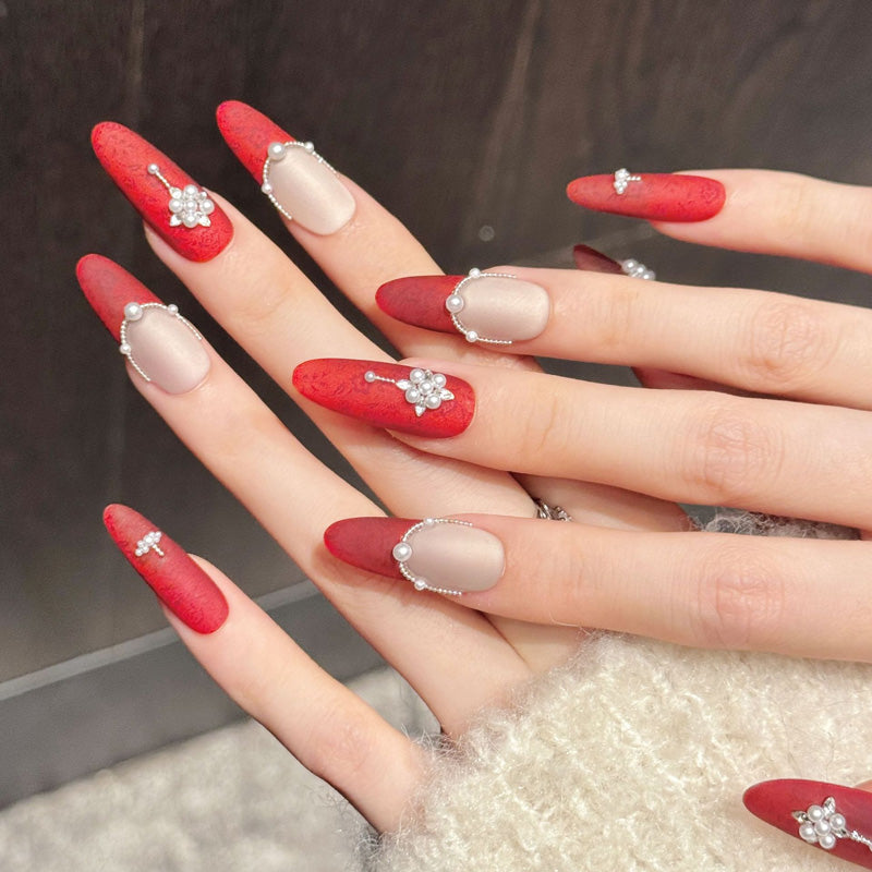 Premium bridal oval nails with red embossed florals, pearl flowers & crystal dangles - Damage-free, reusable luxury - Auspicious beauty