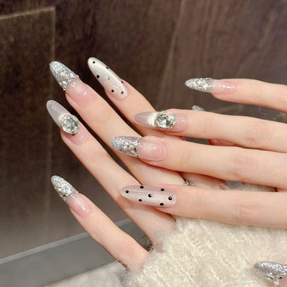 Premium bridal oval nails with silver gradient, oval diamond & rhinestones - Damage-free, reusable luxury - Show-stopping glamour