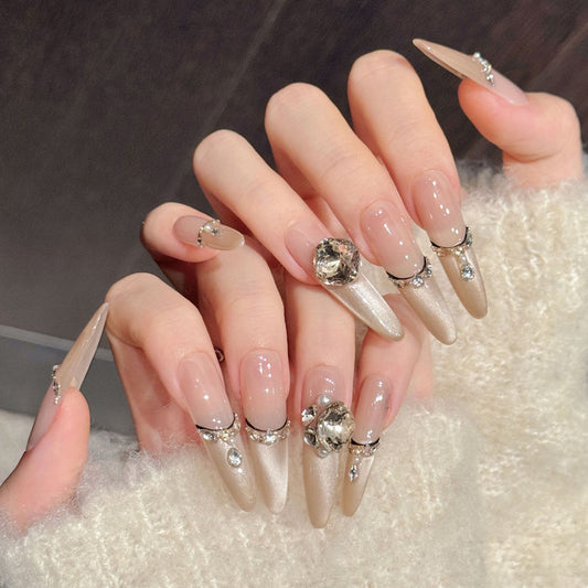 Premium bridal stiletto nails with oval diamond centerpiece, crystal chains & teardrop dangles - Damage-free, reusable luxury - Red-carpet glam