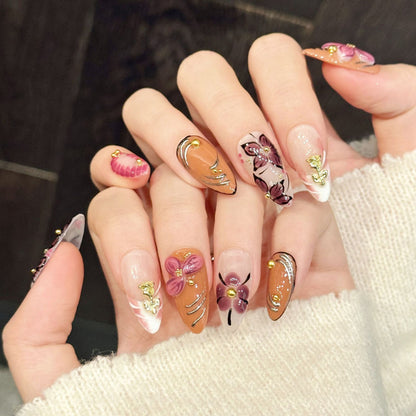 Premium burgundy almond nails with 3D florals, gold details & autumn gradient - Reusable, damage-free luxury - Botanical beauty