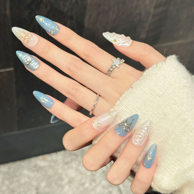 Premium celestial almond nails with 3D bows, moons, stars & swirl art - Reusable, damage-free luxury - Ethereal dreamy beauty