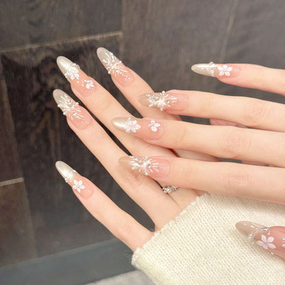 Premium champagne oval nails with 3D florals, rhinestones & chain accents - Reusable, damage-free luxury - Wedding perfection