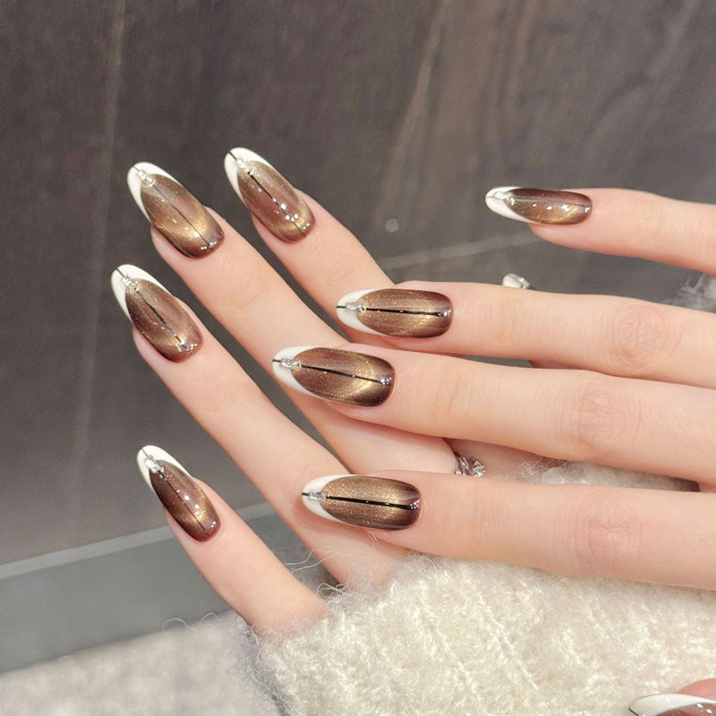Premium chocolate bronze oval nails with metallic shimmer & vertical rhinestone details - Reusable, damage-free luxury - Refined beauty