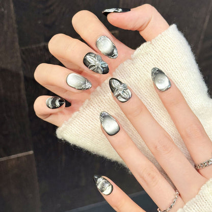 Premium chrome almond nails with silver-black gradient, 3D flower & mirror finish - Damage-free, reusable luxury - Contemporary style