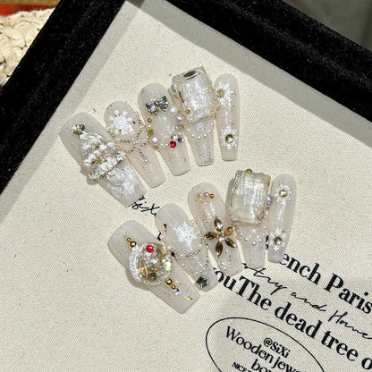 Premium coffin long press-on nails for Christmas enchantment - elegant snowflakes, shimmering glitter, crystal chains, perfect for festive celebrations