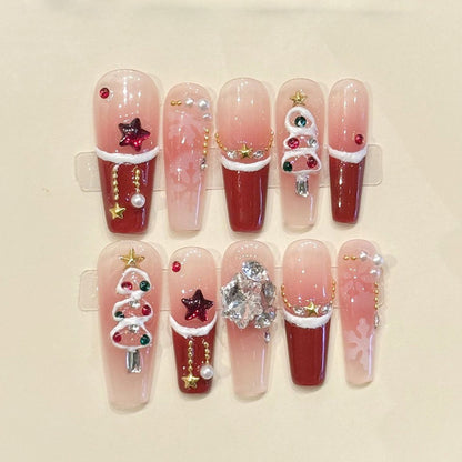 Premium coffin long press-on nails for Christmas glamour - stunning ombre, sparkling ornaments, pearl accents, perfect for festive parties & galas
