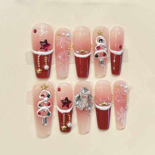 Premium coffin long press-on nails for Christmas glamour - stunning ombre, sparkling ornaments, pearl accents, perfect for festive parties & galas