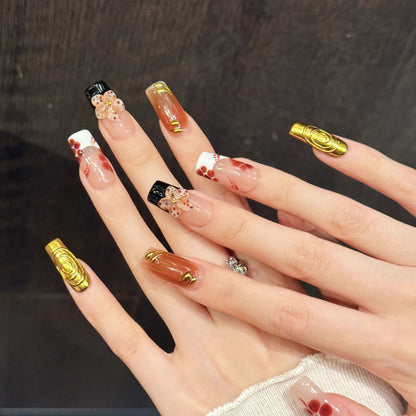 Premium coffin medium nails for elegant sophistication - 3D burgundy flower, luxurious gold leaf, black-white French, sparkling rhinestones, perfect for luxury events