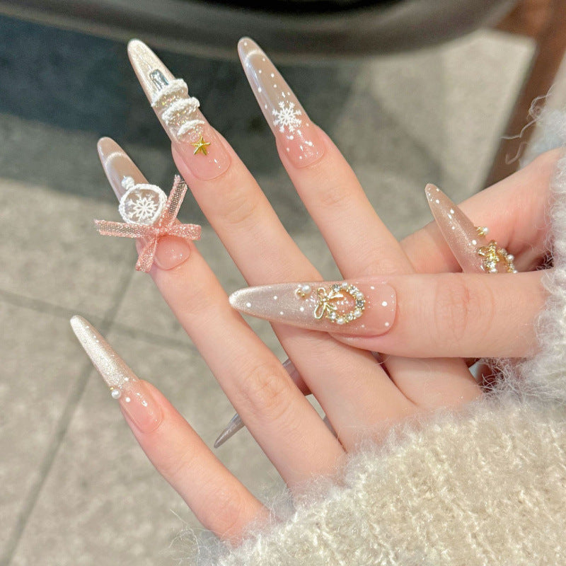 Premium coffin medium press-on nails for winter magic - elegant snowflakes, ribbon accents, crystal embellishments, perfect for festive occasions