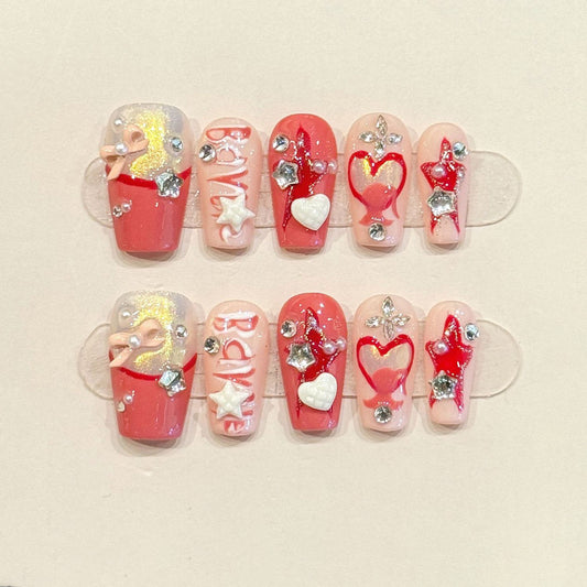 Premium coffin nails for love celebrations - 3D heart accents, crystal bow, vibrant coral-pink, perfect for Valentine's Day & romantic events